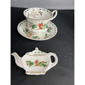 Vintage 1992 Waldman House Teacup,Saucer & Tea Bag CUP OF CHRISTMAS TEA Tom Hegg